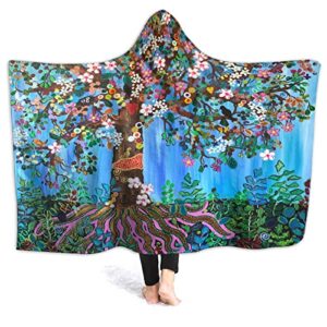 321design blue tree of life wearable blanket fleece hooded robe cloak throw quilt poncho microfiber sherpa plush warm wrap multiple-size adult(80"x60"in)
