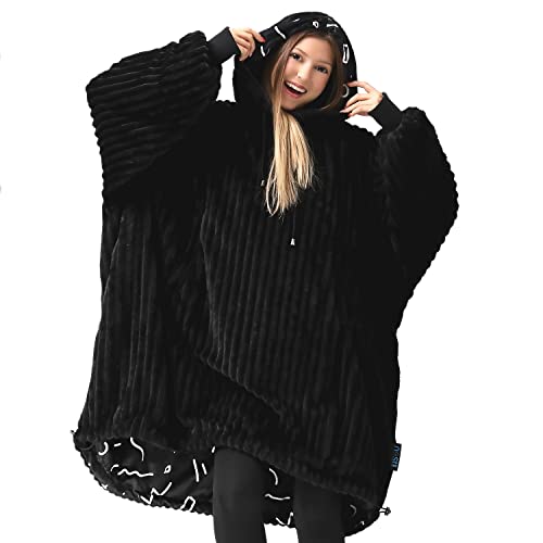 Wearable Blanket Hoodie Women and Men, Reversible Plush Microfiber Hooded Blanket Adult, Oversized Sweatshirt Blanket One Size Fits All, Warm and Cozy Hoodie Blanket - Black/Scribble