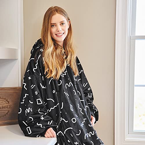 Wearable Blanket Hoodie Women and Men, Reversible Plush Microfiber Hooded Blanket Adult, Oversized Sweatshirt Blanket One Size Fits All, Warm and Cozy Hoodie Blanket - Black/Scribble