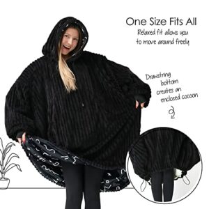 Wearable Blanket Hoodie Women and Men, Reversible Plush Microfiber Hooded Blanket Adult, Oversized Sweatshirt Blanket One Size Fits All, Warm and Cozy Hoodie Blanket - Black/Scribble