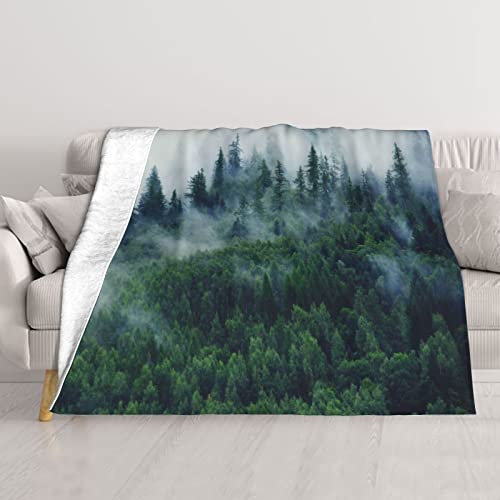 Mountains Forest Ultra-Soft Micro Fleece Throw Blanket,Forest Rainforest Fog Nature Smokey Green Tree Mountain,Custom Warm Lightweight Blanket for Couch Bed Living Room Bedroom Sofa 50"x40"