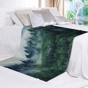 Mountains Forest Ultra-Soft Micro Fleece Throw Blanket,Forest Rainforest Fog Nature Smokey Green Tree Mountain,Custom Warm Lightweight Blanket for Couch Bed Living Room Bedroom Sofa 50"x40"