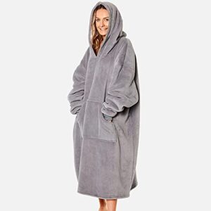 sienna extra long oversized blanket hoodie wearable throw with pockets sleeves soft sherpa fleece wearable throw giant sweatshirt, charcoal grey