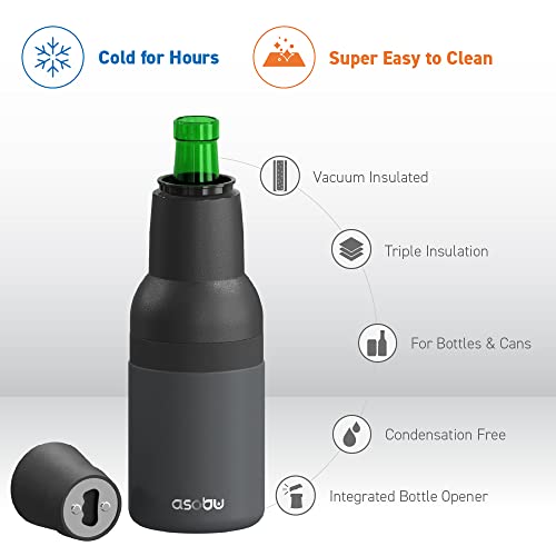 Asobu Frosty Beer Holder 2 Go Vacuum Insulated Double Walled Stainless Steel Beer Can and Bottle Cooler with Beer Opener Eco Friendly and Bpa Free (Smoke)