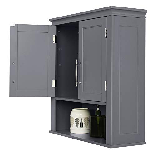 Road.Ahead White Wall Mounted Wall Cabinet,Two-Door Wall Cabinet, Medicine Cupboard, Hanging Bathroom Storage with Height Adjustable Shelf and Rod Medicine Cabinets- Grey