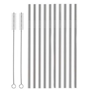 set of 10 stainless steel straws, huaqi straight reusable drinking straws 10.5'' long 0.24‘’ dia for 30 oz tumbler and 20 oz tumbler, 2 cleaning brush included (10 straight straws + 2 brushes）