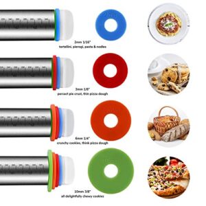 Rolling Pins, Stainless Steel Dough Roller, Rolling Pin and Silicone Baking Pastry Mat Set, Adjustable Rolling Pin with Thickness Rings for Baking Dough, Pizza, Pie, Pastries, Pasta, Cookies(Red)