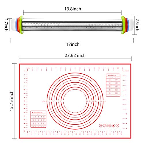 Rolling Pins, Stainless Steel Dough Roller, Rolling Pin and Silicone Baking Pastry Mat Set, Adjustable Rolling Pin with Thickness Rings for Baking Dough, Pizza, Pie, Pastries, Pasta, Cookies(Red)
