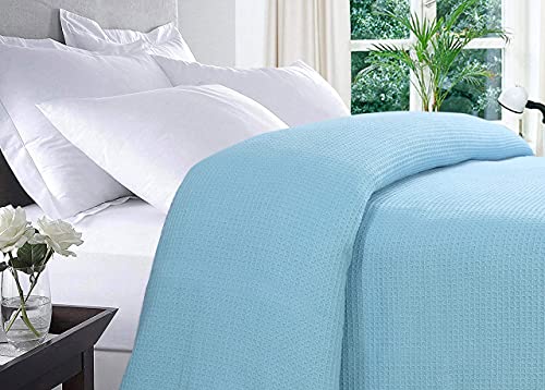 AAVNI HOMES 100% Cotton Blanket King Size 108 x 90 Inches Aqua Sky Blue Color Waffle Weave Blanket - Soft Premium Lightweight Breathable Cotton Bed Blanket for Layering King Size Bed