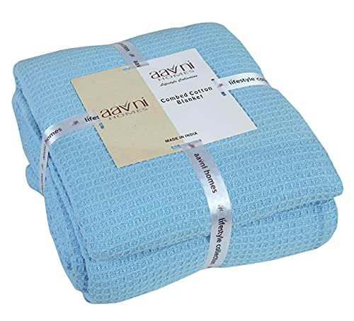 AAVNI HOMES 100% Cotton Blanket King Size 108 x 90 Inches Aqua Sky Blue Color Waffle Weave Blanket - Soft Premium Lightweight Breathable Cotton Bed Blanket for Layering King Size Bed