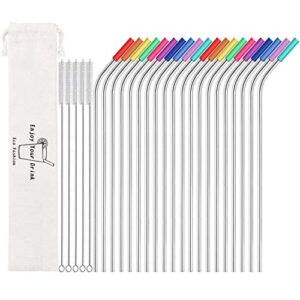 mutnitt set of 20 10.5" reusable stainless steel straws bent reusable straws with 20 silicone tips 5 cleaning brush 1 travel case eco friendly extra long metal straws drinking for 20 24 30 oz tumbler