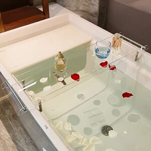 acrylic tub caddy, bathtub tray caddy, tub shelf with handle and adjustable pillars, tub accessories for bath,32.3" lx7.9 wx1.2 h,clear