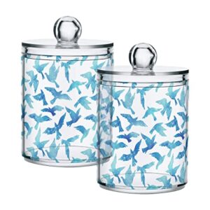 xigua 2 pack flying birds blue apothecary jars with lid, qtip holder storage containers for cotton ball, swabs, pads, clear plastic canisters for bathroom vanity organization (10 oz)