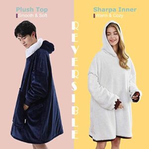 Blanket Sweatshirt, Oversized Soft Sherpa Plush Wearable Hoodie Blankets for Adults Women Men, Blue