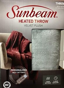 sunbeam velvet plush electric heated throw blanket with 3 heat settings and auto-off, machine washable (silver grey)