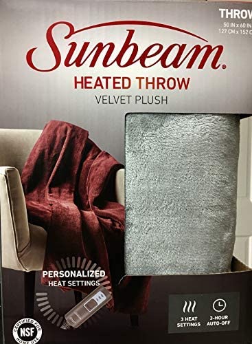 Sunbeam Velvet Plush Electric Heated Throw Blanket with 3 Heat Settings and Auto-Off, Machine Washable (Silver Grey)