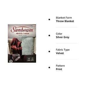 Sunbeam Velvet Plush Electric Heated Throw Blanket with 3 Heat Settings and Auto-Off, Machine Washable (Silver Grey)