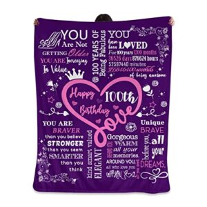 lgnacelee 100th birthday decoration gift for women blanket, birthday gift ideas throw blanket, 100 years old birthday gift for grandma, mom, friend, sister, wife, aunt, coworker, purple, 50 x 60 inch