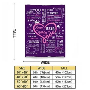 LGNACELEE 100th Birthday Decoration Gift for Women Blanket, Birthday Gift Ideas Throw Blanket, 100 Years Old Birthday Gift for Grandma, Mom, Friend, Sister, Wife, Aunt, Coworker, Purple, 50 x 60 Inch