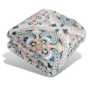 VCNY Decorative Throw Blanket: Colorful Floral Medallion Design Accent for Couch or Bed, Colors: Coral Blush, Yellow, Beige