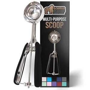 gorilla grip premium stainless steel, spring-loaded scoop for fruit, cookie and ice cream, easy squeeze and clean release, comfortable handle, medium, 3 tbsp scooper size 24, uniform portions, black