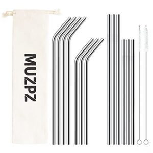 12-pack reusable straws with case, portable metal straw set, stainless steel drinking straws for tumblers 20oz-32oz, 2 straw cleaner brushes included, muzpz reusable coffee straws (silver)