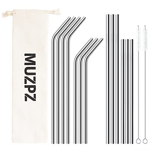 12-Pack Reusable Straws with Case, Portable Metal Straw Set, Stainless Steel Drinking Straws for Tumblers 20oz-32oz, 2 Straw Cleaner Brushes Included, MUZPZ Reusable coffee straws (Silver)