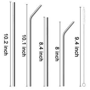 12-Pack Reusable Straws with Case, Portable Metal Straw Set, Stainless Steel Drinking Straws for Tumblers 20oz-32oz, 2 Straw Cleaner Brushes Included, MUZPZ Reusable coffee straws (Silver)