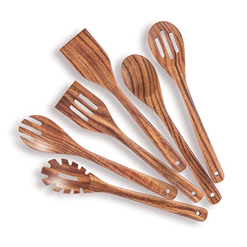 KARRYOUNG Wooden Spoons for Cooking - 6 Piece Non Stick Wooden Spoon Set - with Slotted Spoon, Salad Fork, Spatula, Pasta Server-Natural Wood Kitchen Utensil Sets