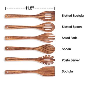 KARRYOUNG Wooden Spoons for Cooking - 6 Piece Non Stick Wooden Spoon Set - with Slotted Spoon, Salad Fork, Spatula, Pasta Server-Natural Wood Kitchen Utensil Sets