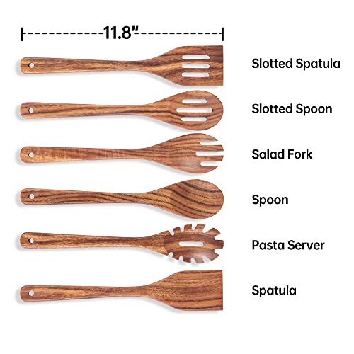 KARRYOUNG Wooden Spoons for Cooking - 6 Piece Non Stick Wooden Spoon Set - with Slotted Spoon, Salad Fork, Spatula, Pasta Server-Natural Wood Kitchen Utensil Sets