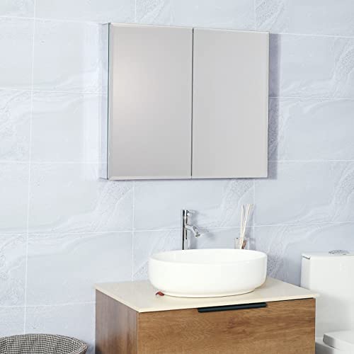 30x26 inch Double Door Medicine Cabinets with Mirror Silver Recessed Aluminum Bathroom Medicine Wall Cabinet 663Silver
