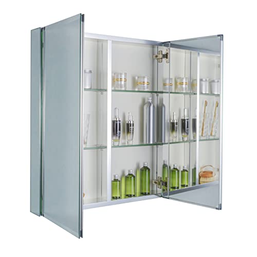 30x26 inch Double Door Medicine Cabinets with Mirror Silver Recessed Aluminum Bathroom Medicine Wall Cabinet 663Silver