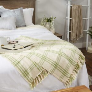 DII Modern Farmhouse Plaid Collection Cotton Fringe Throw Blanket, 50x60, White/Antique Green