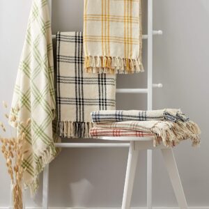 DII Modern Farmhouse Plaid Collection Cotton Fringe Throw Blanket, 50x60, White/Antique Green