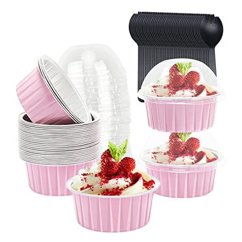 Jumbo Muffin Liners with Lids 50 Pack,Free-Air 5oz Aluminum Foil Cupcake Cups Muffin Tins,Disposable Ramekins Cupcake Baking Pans Cupcake Holders for Custard Mini Pie -Pink