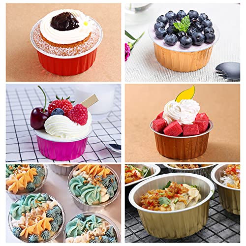 Jumbo Muffin Liners with Lids 50 Pack,Free-Air 5oz Aluminum Foil Cupcake Cups Muffin Tins,Disposable Ramekins Cupcake Baking Pans Cupcake Holders for Custard Mini Pie -Pink