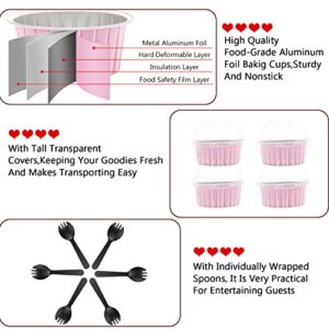 Jumbo Muffin Liners with Lids 50 Pack,Free-Air 5oz Aluminum Foil Cupcake Cups Muffin Tins,Disposable Ramekins Cupcake Baking Pans Cupcake Holders for Custard Mini Pie -Pink