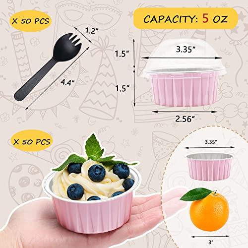 Jumbo Muffin Liners with Lids 50 Pack,Free-Air 5oz Aluminum Foil Cupcake Cups Muffin Tins,Disposable Ramekins Cupcake Baking Pans Cupcake Holders for Custard Mini Pie -Pink