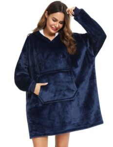 blanket hoodie,kjnanae oversized sherpa blanket hoodie dark blue sweatshirt for women gifts for mom the comfy sweatshirt blanket wearable blanket oversized sweatshirt for women