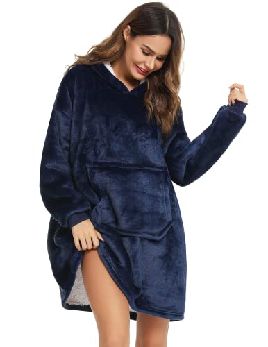 Blanket Hoodie,KJNANAE Oversized Sherpa Blanket Hoodie Dark Blue Sweatshirt for Women Gifts for Mom the Comfy Sweatshirt Blanket Wearable Blanket Oversized Sweatshirt for Women