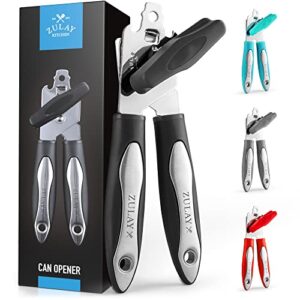 zulay kitchen manual can opener - handheld can opener smooth edge cut stainless steel blades - heavy duty can opener manual with comfortable grip handle and large turn knob (black)