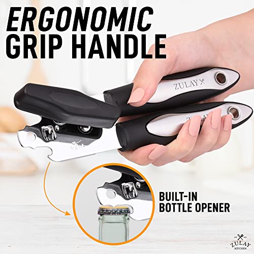 Zulay Kitchen Manual Can Opener - Handheld Can Opener Smooth Edge Cut Stainless Steel Blades - Heavy Duty Can Opener Manual with Comfortable Grip Handle and Large Turn Knob (Black)