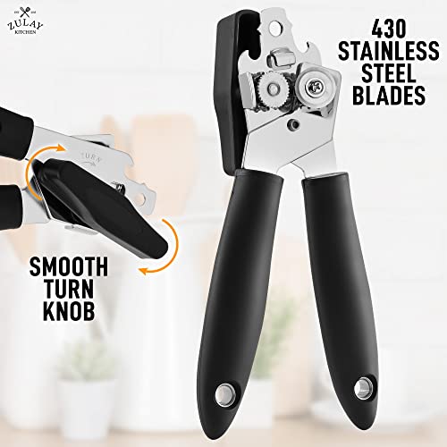 Zulay Kitchen Manual Can Opener - Handheld Can Opener Smooth Edge Cut Stainless Steel Blades - Heavy Duty Can Opener Manual with Comfortable Grip Handle and Large Turn Knob (Black)