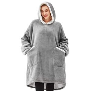 denkee wearable blanket hoodie, oversized sherpa & fannel hooded blanket for adults women, soft and comfy sweatshirt with large hood pockets grey
