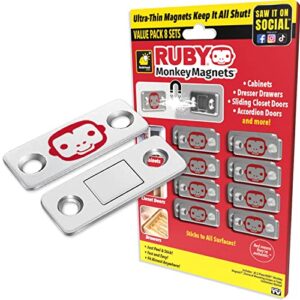 ruby monkey magnets as-seen-on-tv, ultra-thin magnetic plates keep it all shut, fast and easy installation, just peel & stick, slim design fits virtually anywhere, cabinets, drawers & more, 8 sets