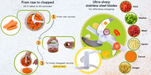 Brieftons QuickPull Manual Food Chopper: Large 4-Cup Powerful Hand Pull Chopper/Mincer/Mixer Blender to Chop Onion, Garlic, Vegetables, Fruits, Herbs for Salsa, Salad, Pesto, Puree, Indian Cooking