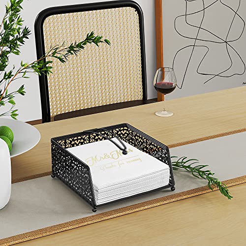Kinisa Flat Napkin Holder for Table, Black Metal Napkin Holders for Kitchen with Weighted Arm, Cocktail Napkin Dispenser also for Outdoor Use