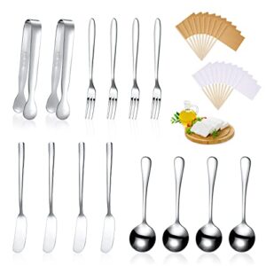 cheese butter spreader knives set charcuterie accessories stainless steel spreader knives charcuterie boards utensils mini serving tongs spoons and forks for pastry making (silver, 14 pcs)