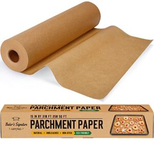 unbleached parchment paper roll 15 in x 210 ft 260 sq.ft paper baking paper by baker’s signature | silicone coated – will not soak through or burn – non-toxic & comes in convenient packaging